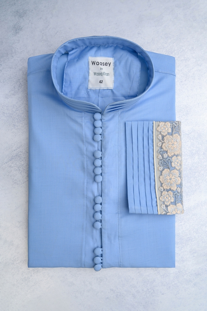 Sky Blue Pleated Panjabi with Floral Accents